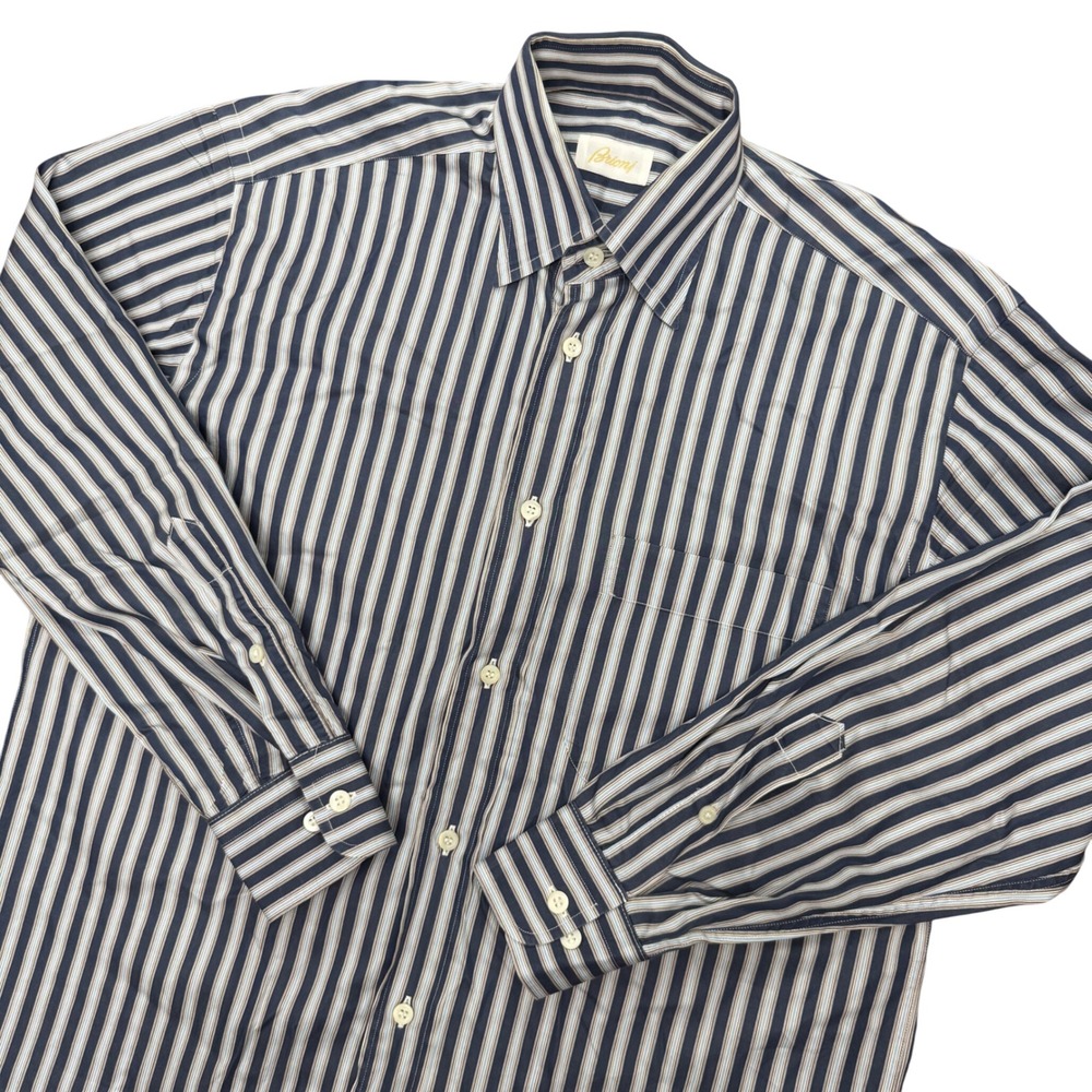 Brioni Button Down Shirt Mens S Blue Brown White Striped Cotton Made in Italy